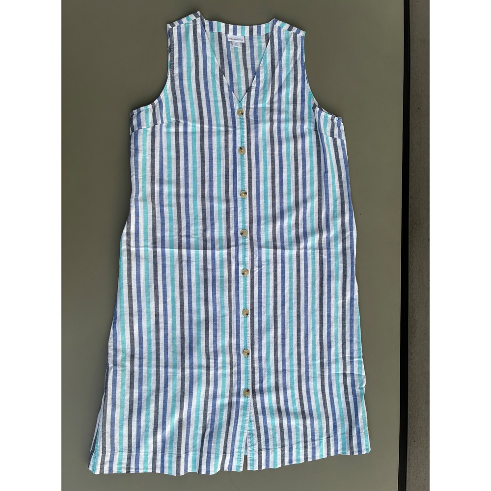 Liz Claiborne Blue Striped Linen Blend Button Front Sleeveless Midi Dress XL